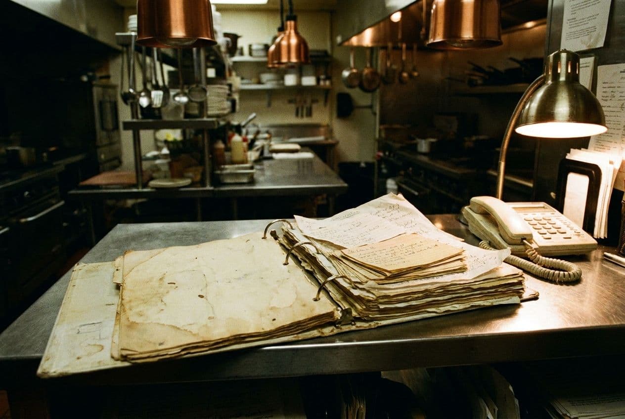 A worn three-ring binder of stained, handwritten recipe cards open on a steel desk in a restaurant kitchen office.