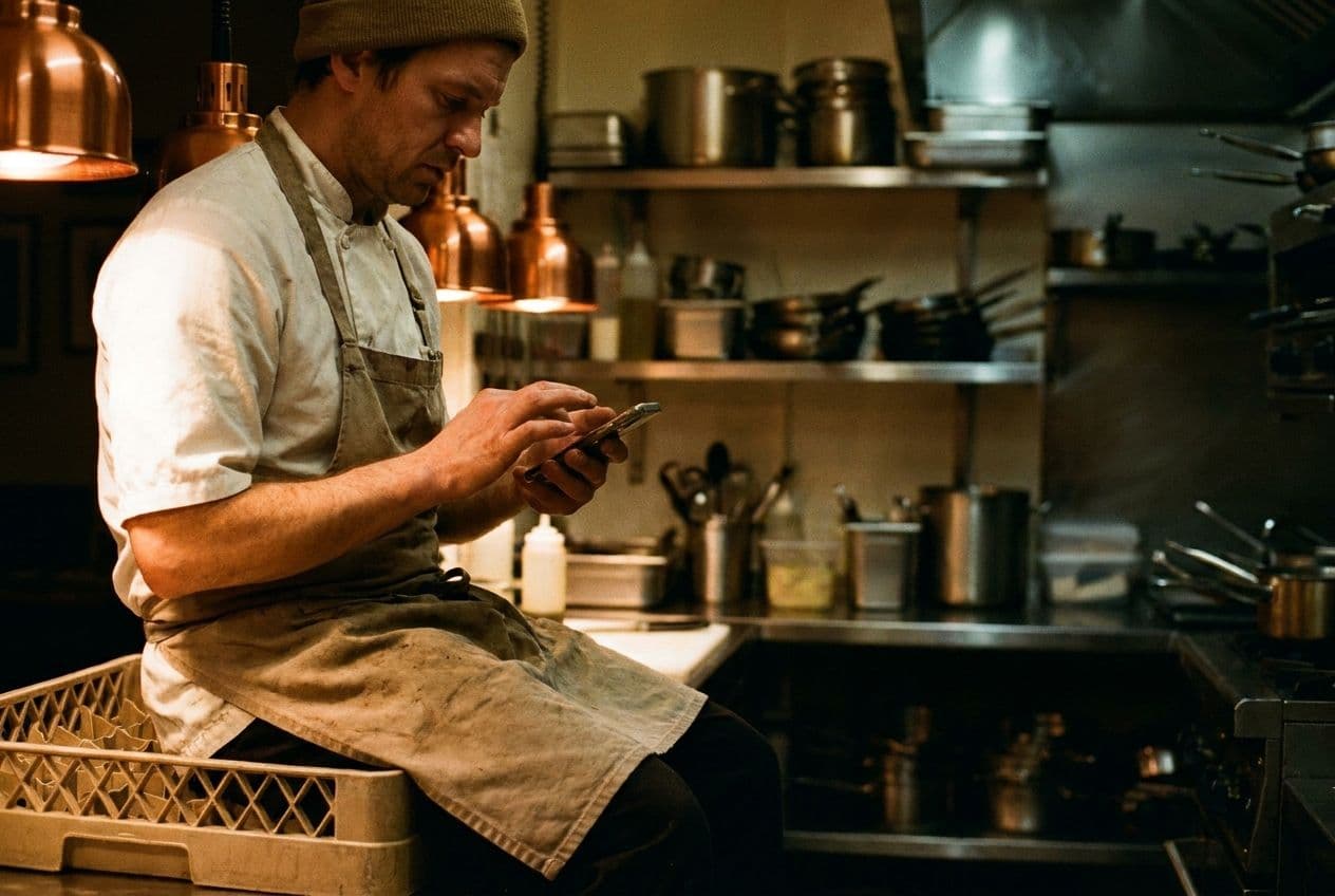 A chef in a white jacket sitting on a crate in a quiet kitchen after service, typing on a phone.