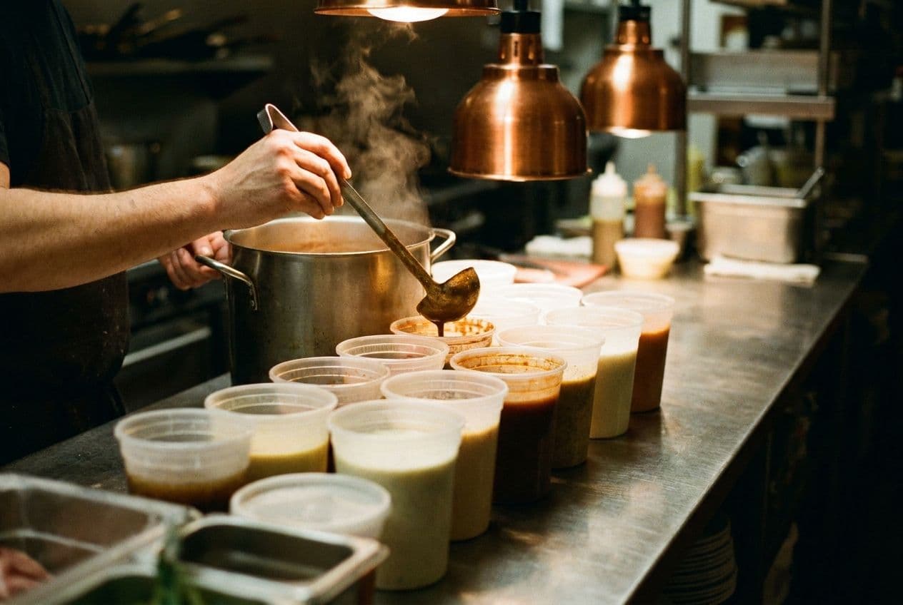 A cook ladling sauce into a row of quart containers of house dressings and sauces on a steel prep counter.