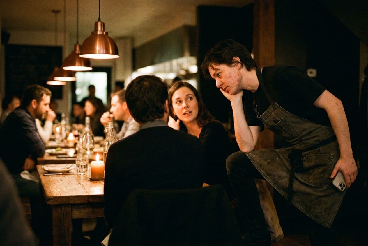 A server in a dark apron leaning in to listen to a guest at a candlelit table in a busy restaurant.